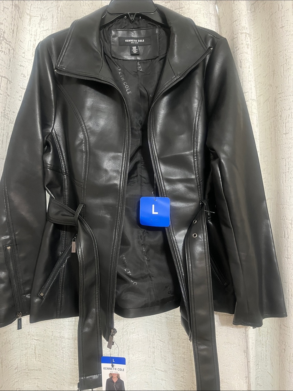 Kenneth Cole Black Leather Zip Belted Jacket